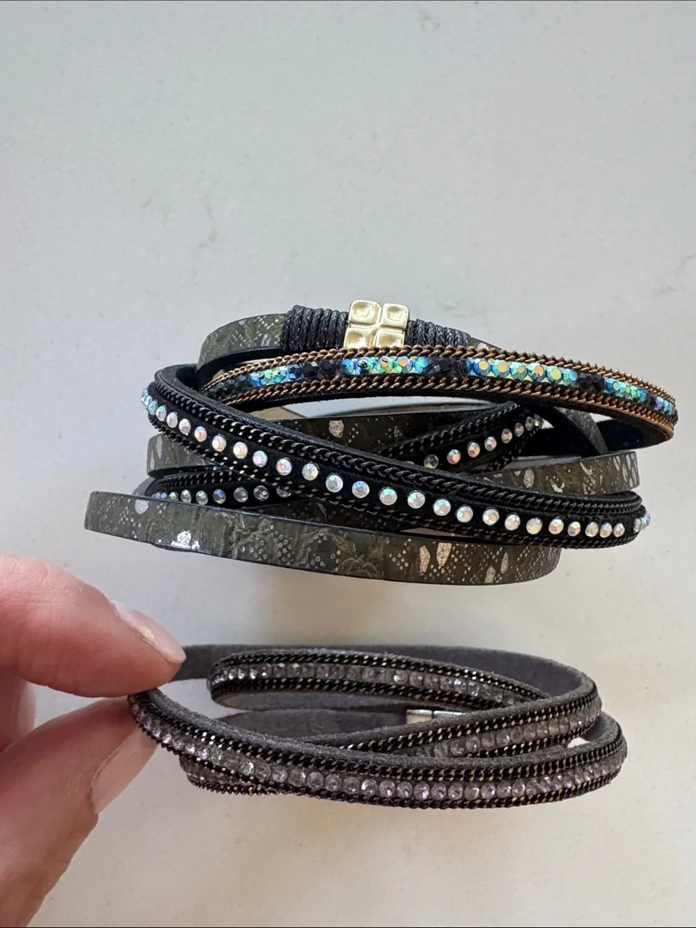 Layered Black & Grey Wrap Bracelets with Iridescent Rhinestones NWOT